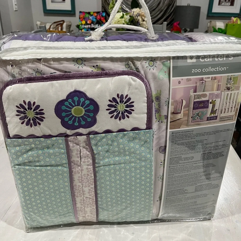 NEW Carters zoo crib set: comforter, dust ruffle, sheet, nursery‎ organizer